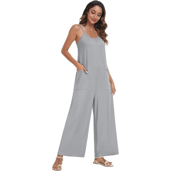 PrinStory Womens Light Gray Jumpsuits Spaghetti Long Pant Overalls with Pockets - Picture 4 of 6
